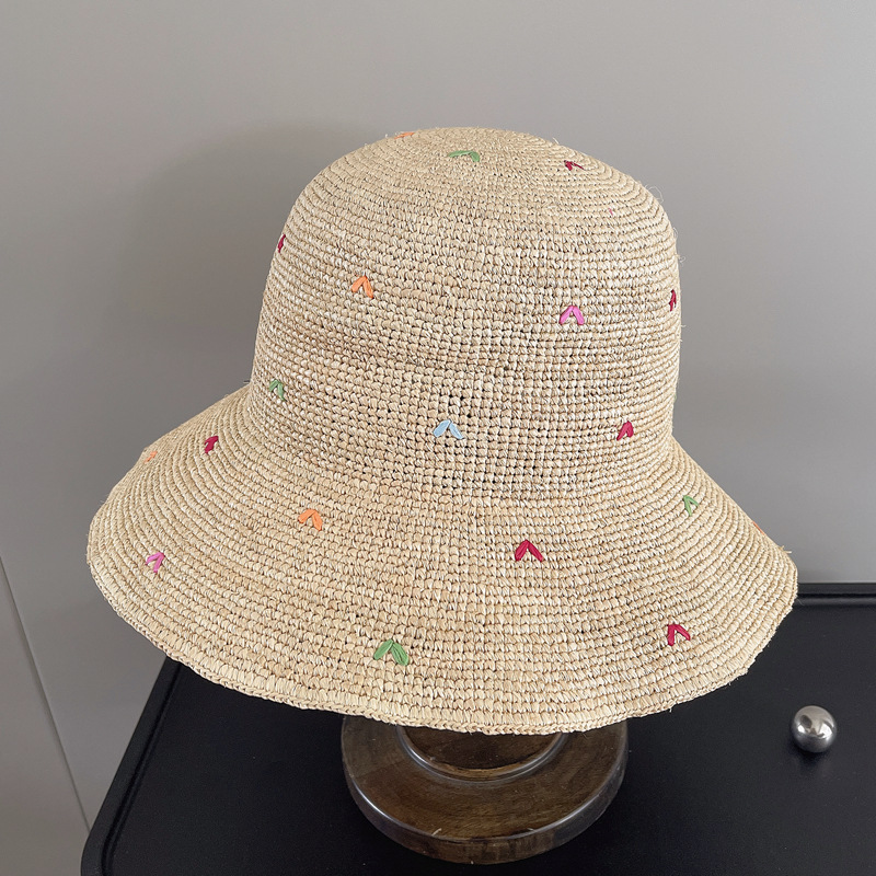 Bucket Hat Embroidered - Women Embroidery Heart Raffia Straw Hat