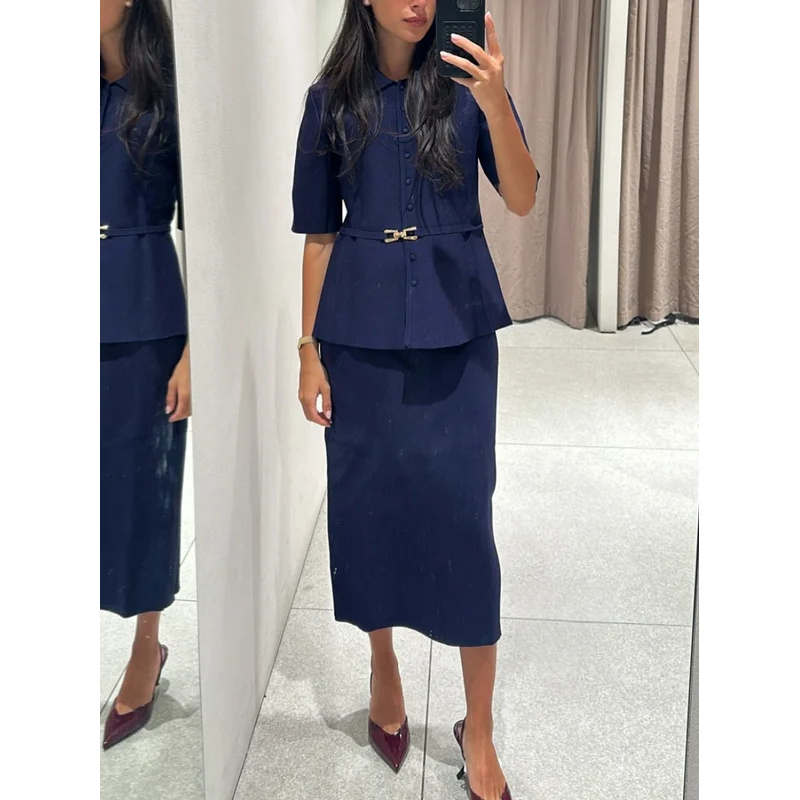 Street Fashion Jacket - Women's Knitted 2-Piece Set Mid-Length Skirt
