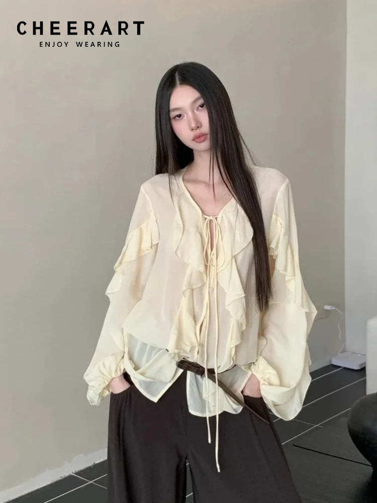 CHEERART Ruffles V Neck Tie Fr - Street Fashion Fall 2025 のレビューと価格
