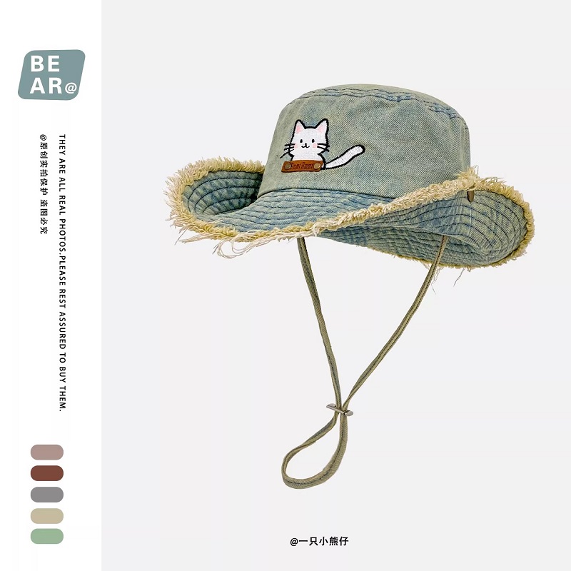 Cute Cat Embroidery Washed Den - Bucket Hat Embroidered のレビューと価格