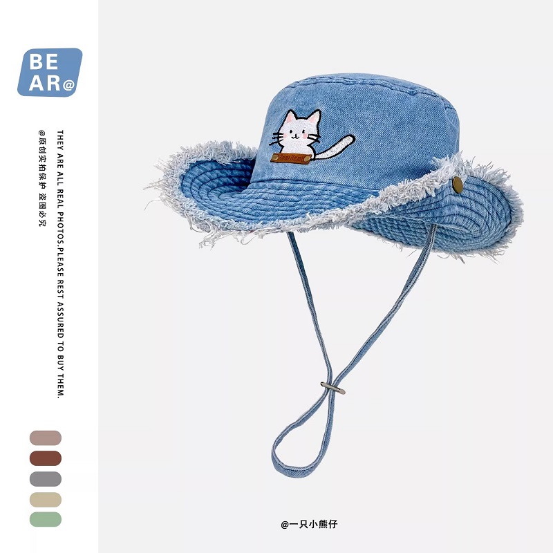 Cute Cat Embroidery Washed Den - Bucket Hat Embroidered のレビューと価格