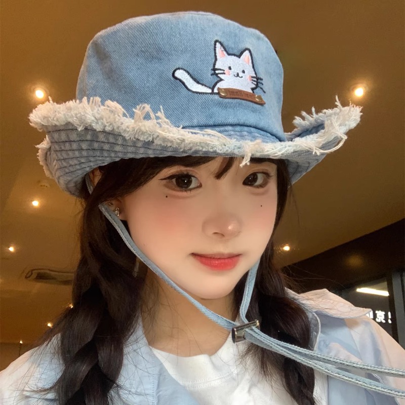 Cute Cat Embroidery Washed Den - Bucket Hat Embroidered のレビューと価格