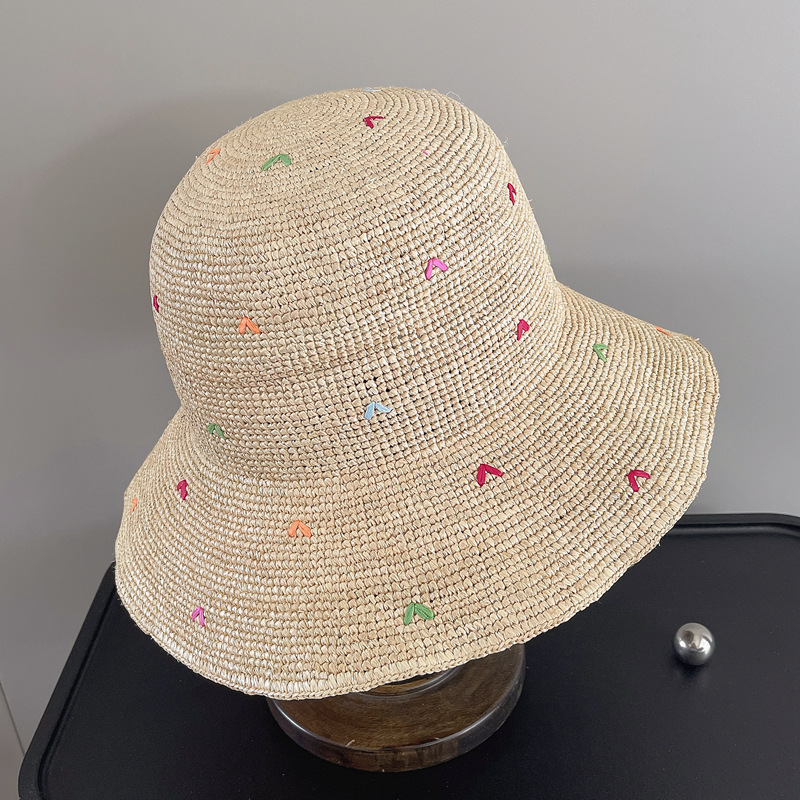 Women Embroidery Heart Raffia  - Bucket Hat Embroidered のレビューと価格