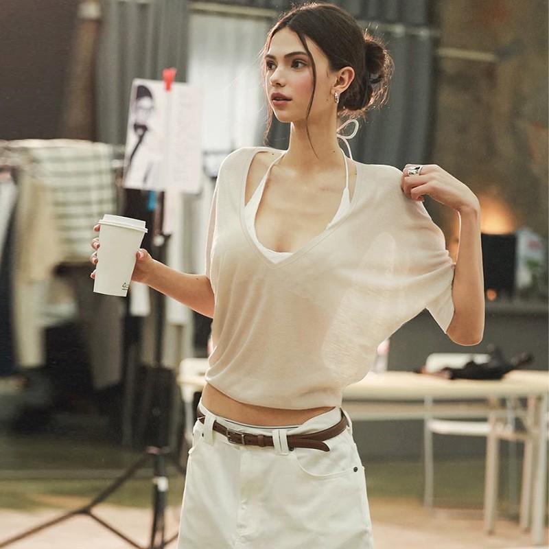 Pink Blouse Loose Fit V Neck S - Fashion Streetwear のレビューと価格