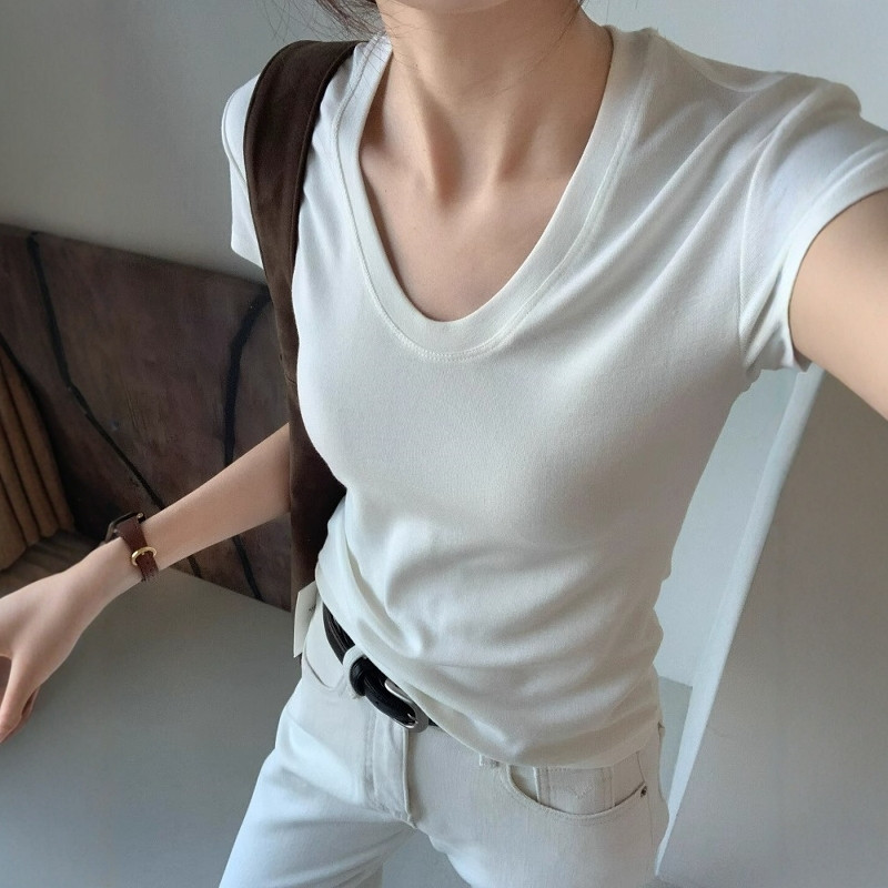 U-Neck Shoulder Short Sleeve T - Fashion Streetwear のレビューと価格