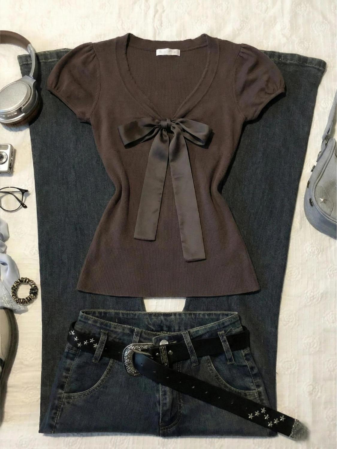 Vintage T-shirt Bow Y2k Slim S - Street Fashion Goth のレビューと価格