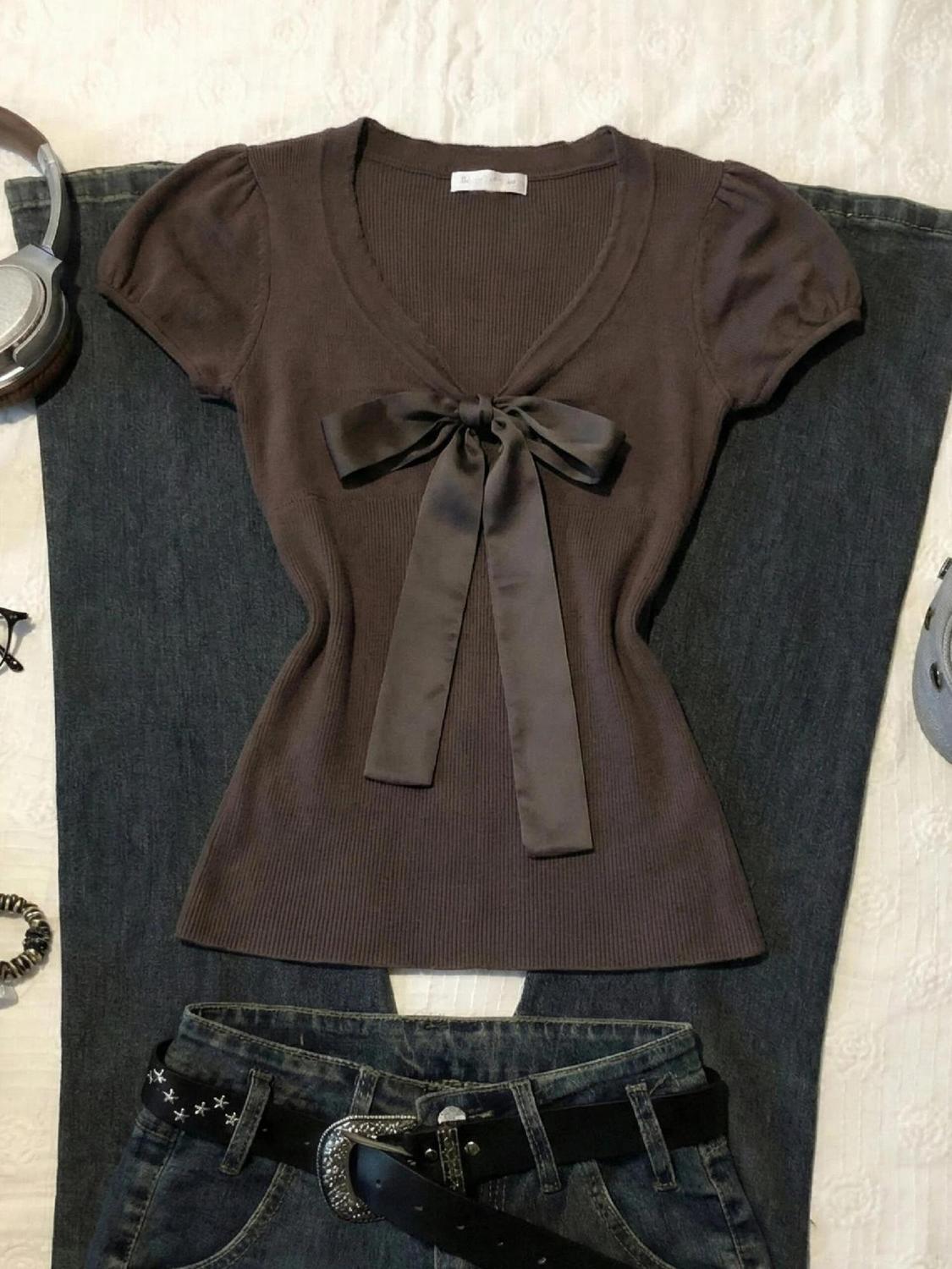 Vintage T-shirt Bow Y2k Slim S - Street Fashion Goth のレビューと価格