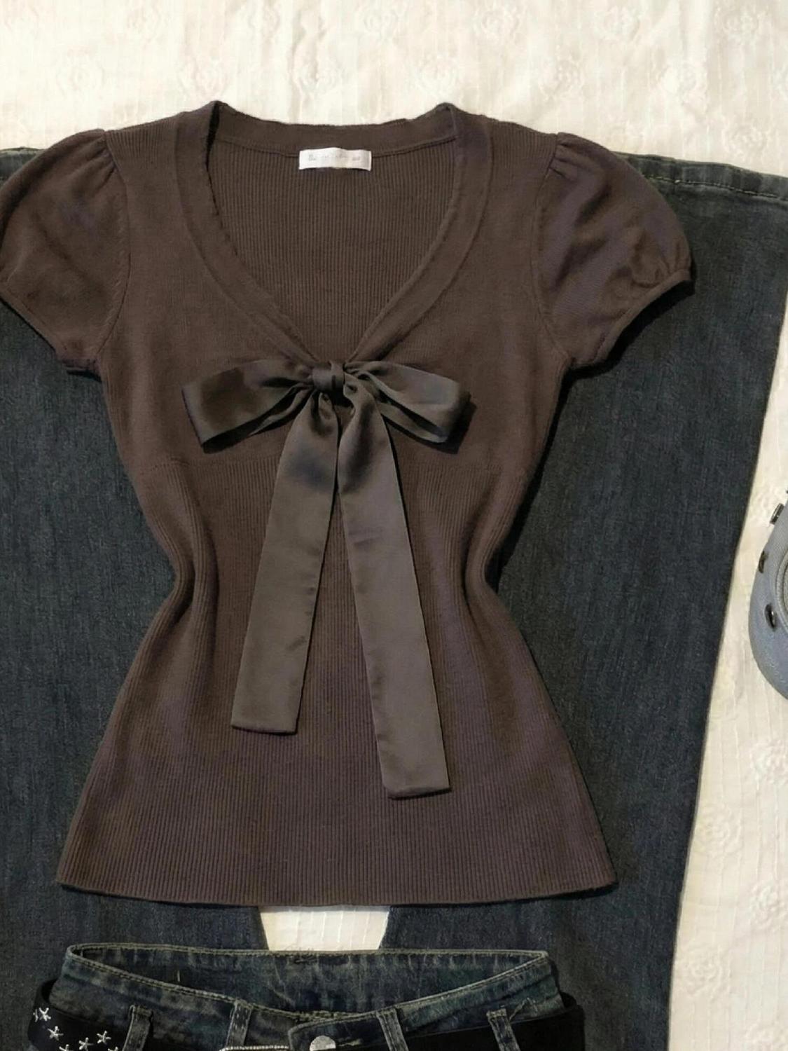 Vintage T-shirt Bow Y2k Slim S - Street Fashion Goth のレビューと価格