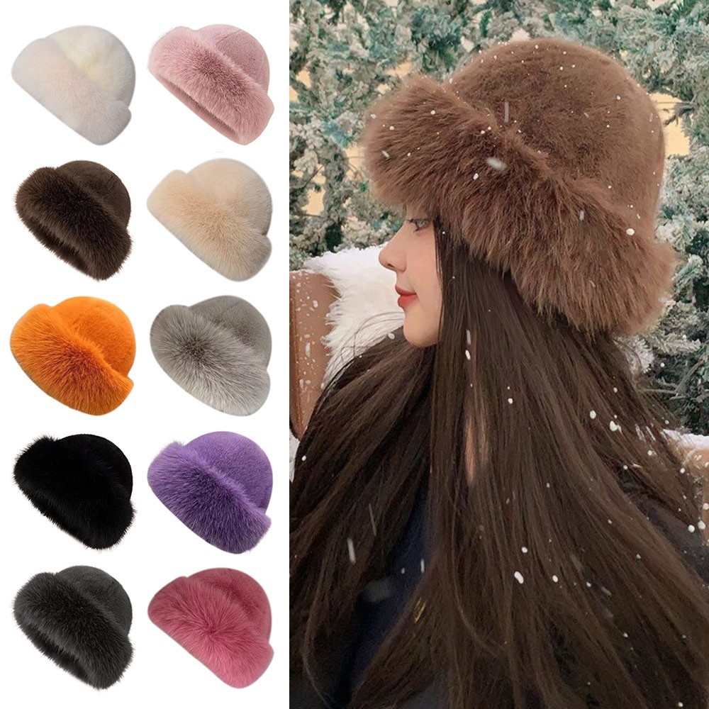New Fluffy Fur Winter Hat Soli - Bucket Hat Embroidered のレビューと価格