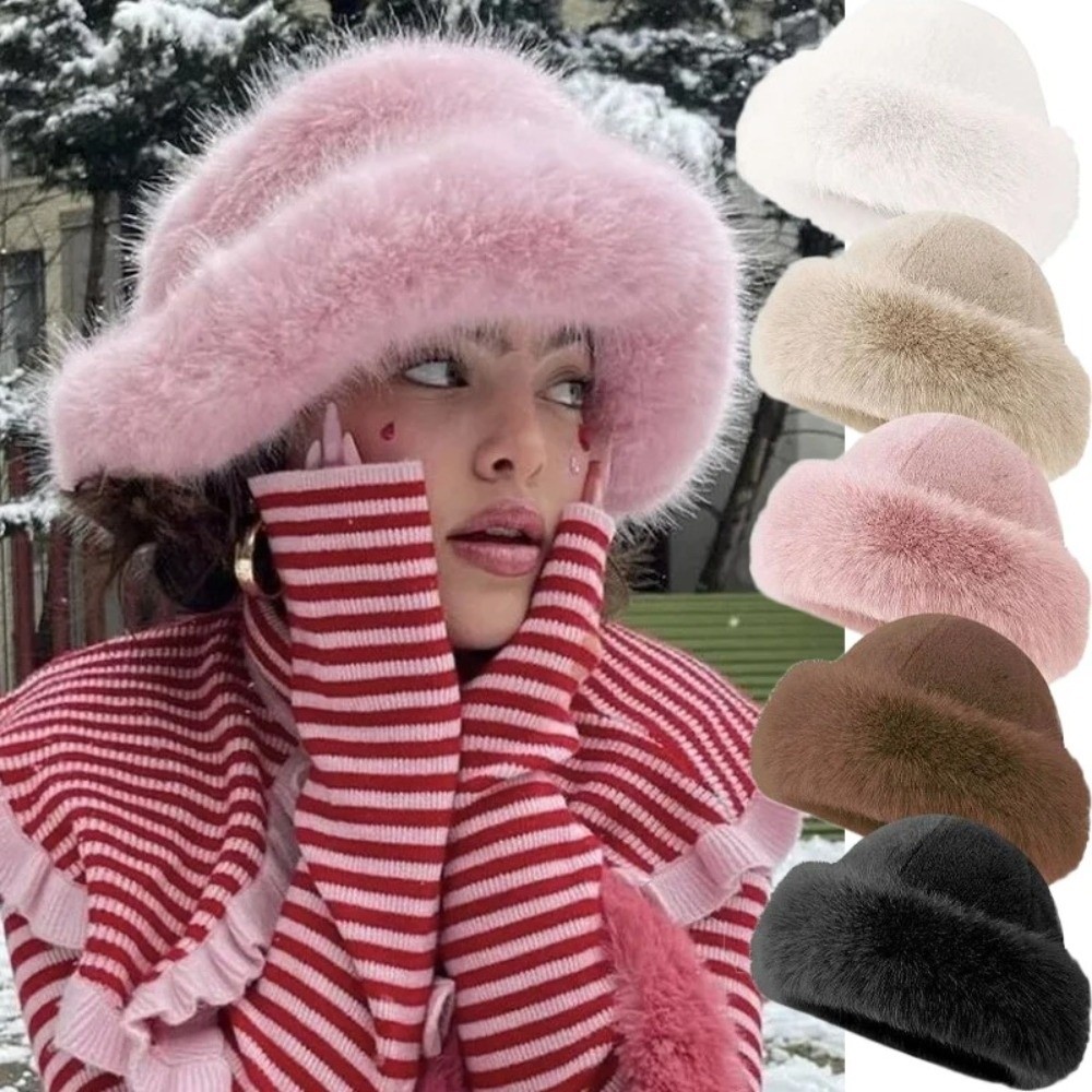 New Fluffy Fur Winter Hat Soli - Bucket Hat Embroidered のレビューと価格